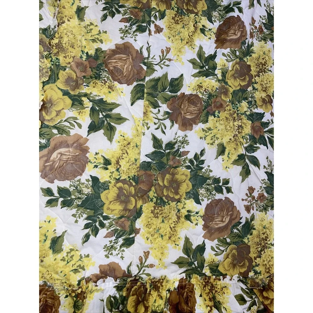 VTG Retro 70's Bedspread Full Double yellow brown flowers Quilted shams Ruffled
